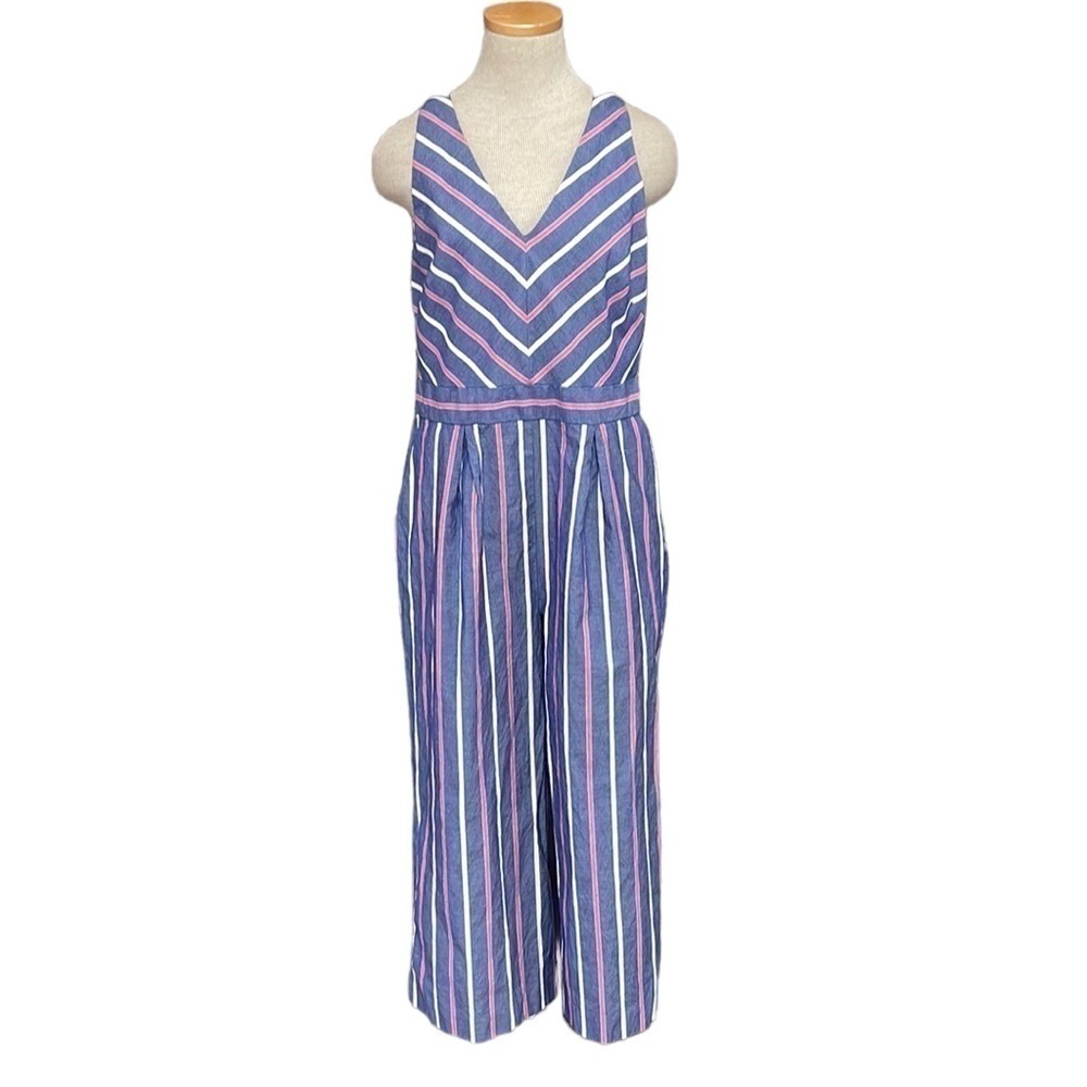 1901 Striped Jumpsuit Wide Leg V-Neck Blue Pink Size 10